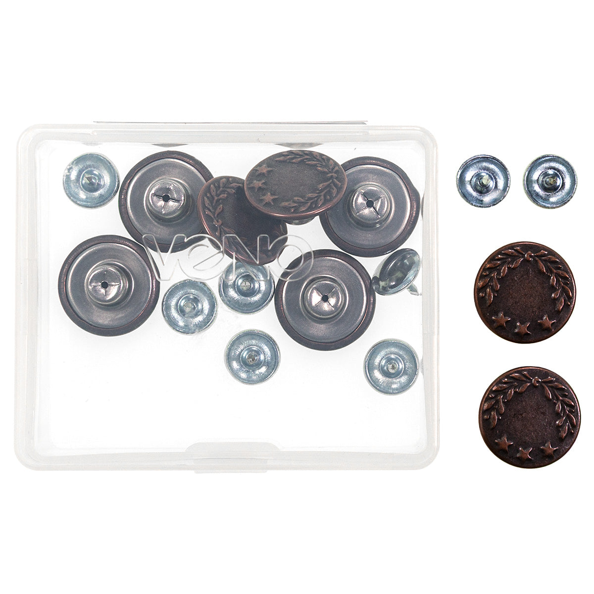 Verschiedene nähfreie Jeansknöpfe von VENO in Silber, Altsilber und Altgold – flachliegend und verpackt