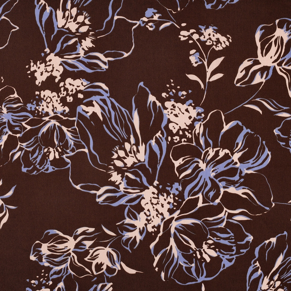 Satinierte Baumwoll-Popeline mit Blumenmuster in Braun, Blau und Creme