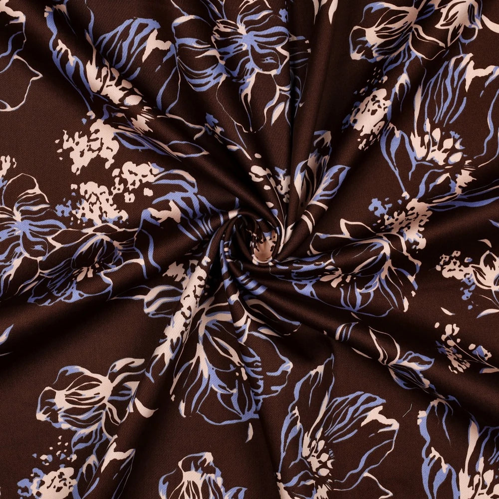 Satinierte Baumwoll-Popeline mit Blumenmuster in Braun, Blau und Creme