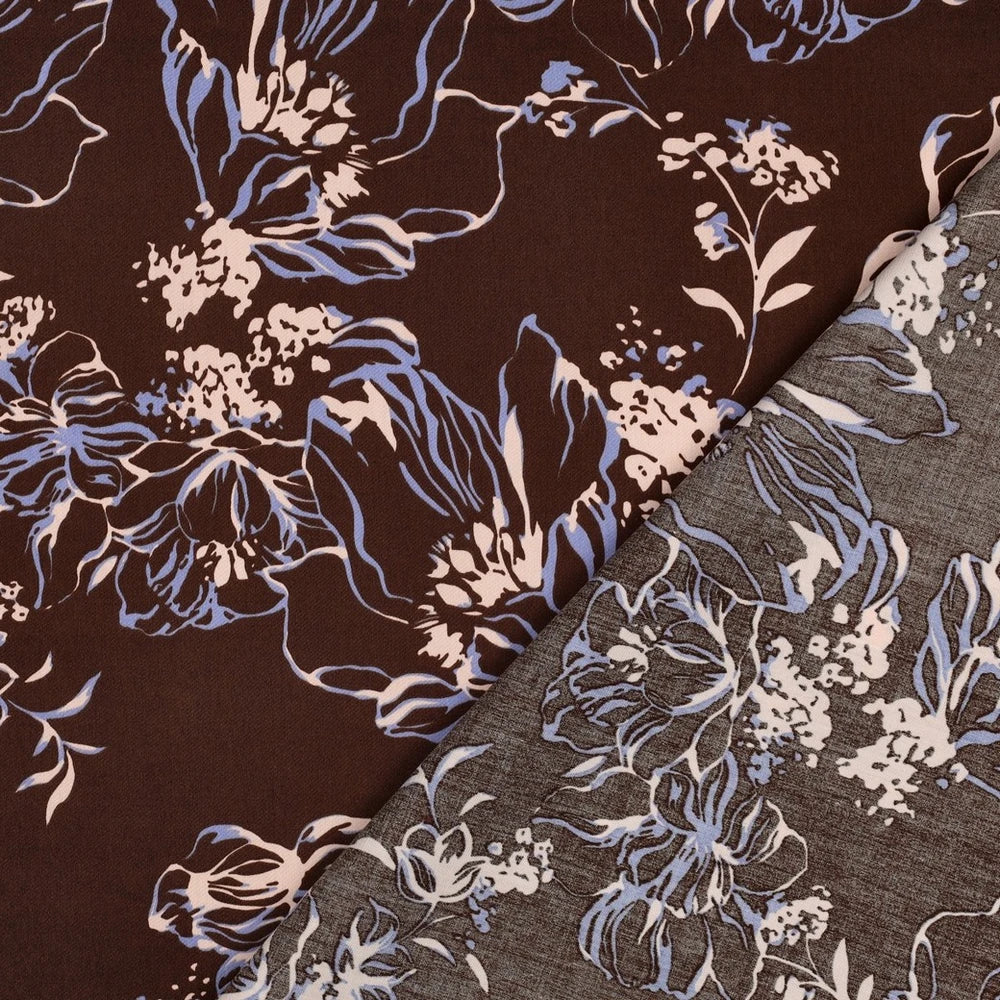 Satinierte Baumwoll-Popeline mit Blumenmuster in Braun, Blau und Creme