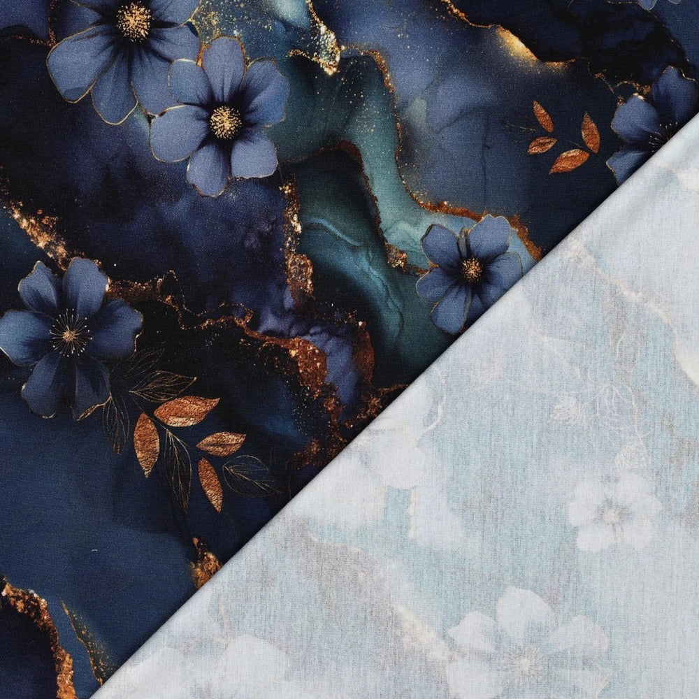 Punta di Roma Stoff mit blauen Blumen und goldfarbenen Akzenten