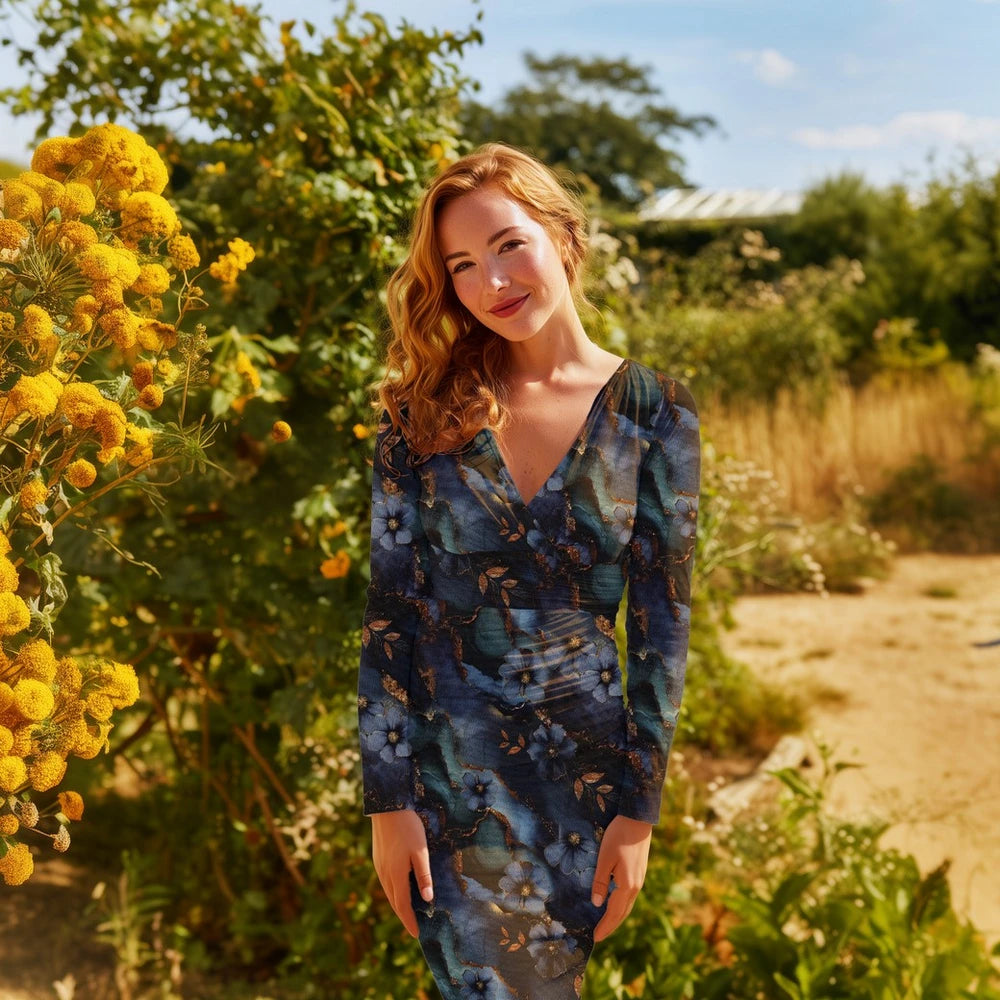 Punta di Roma Stoff mit blauen Blumen und goldfarbenen Akzenten