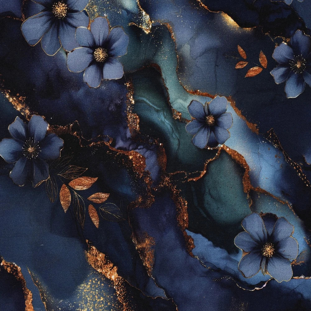 Punta di Roma Stoff mit blauen Blumen und goldfarbenen Akzenten