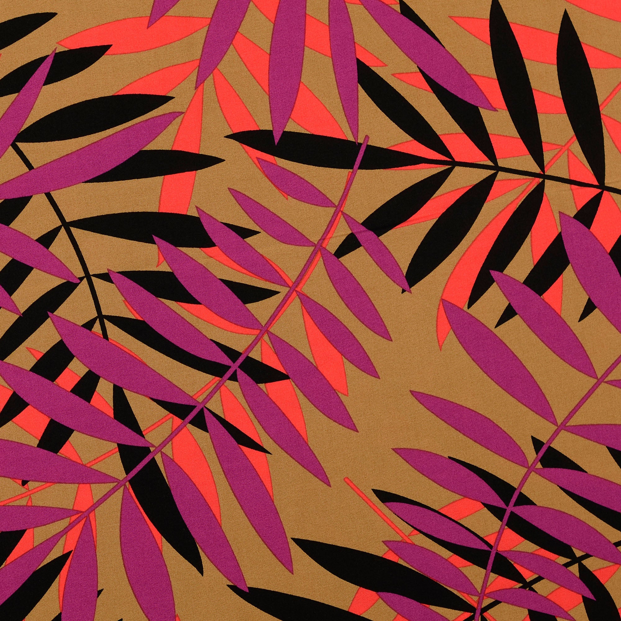 Viskose Popeline Leaves camel schwarz rot beere