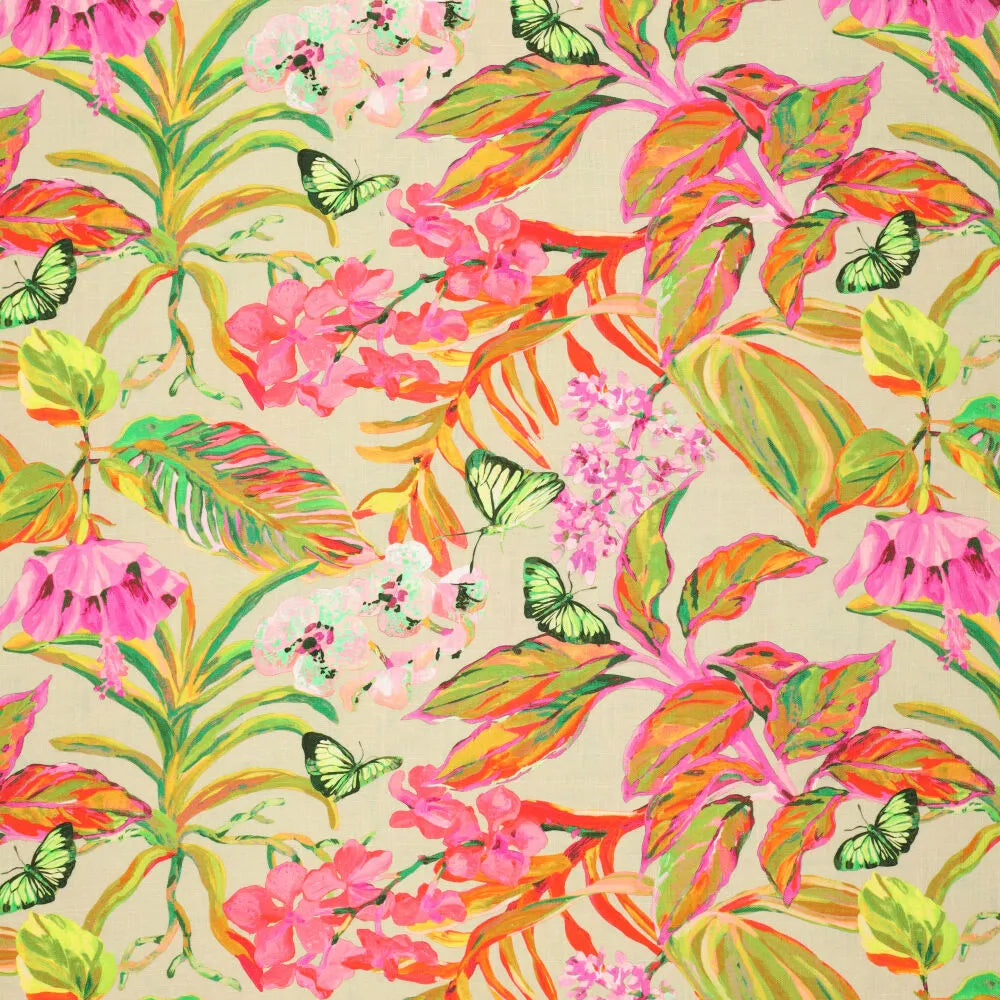 Leinen Viskose Stoff Butterfly oliv bunt mit Schmetterlingsmuster