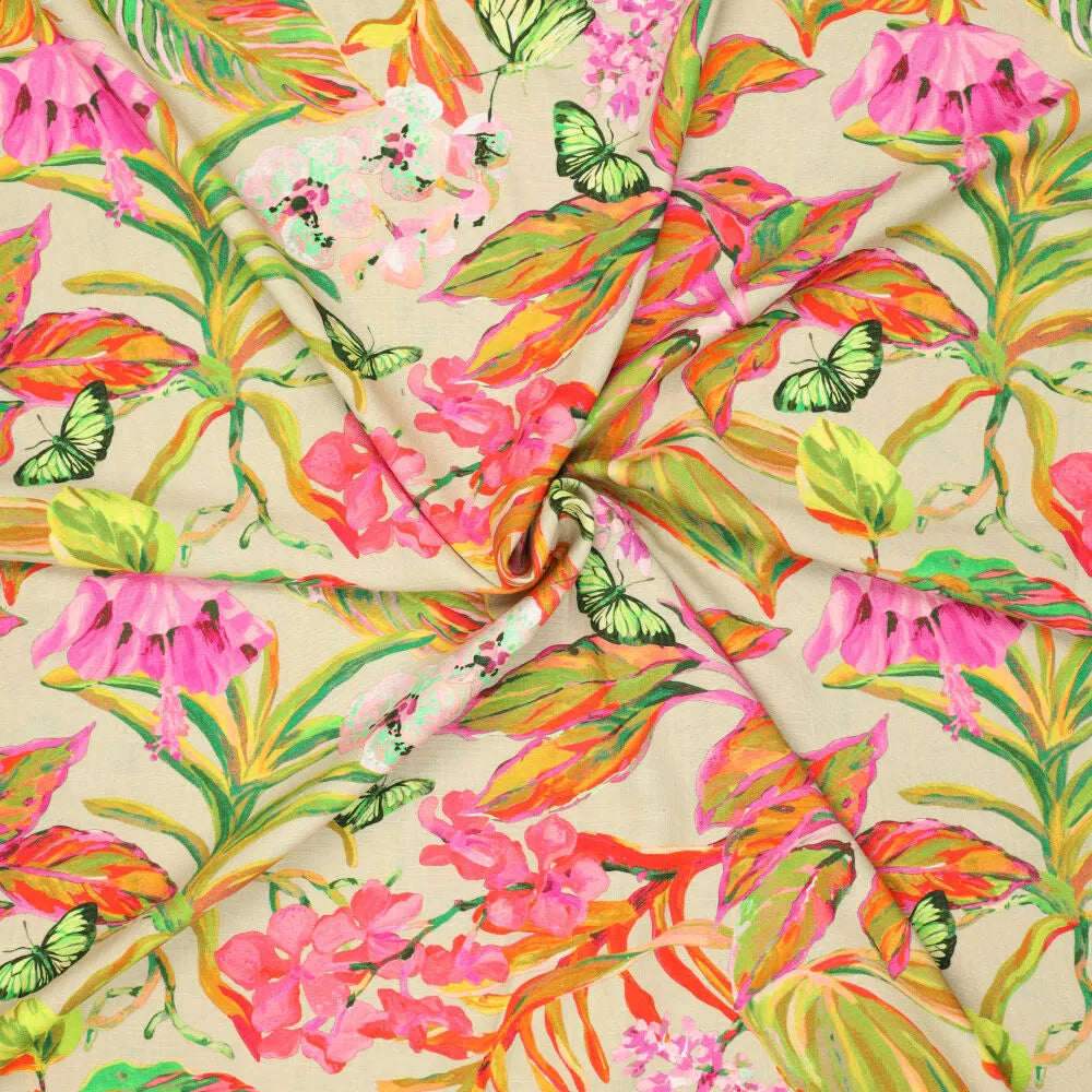Leinen Viskose Stoff Butterfly oliv bunt mit Schmetterlingsmuster