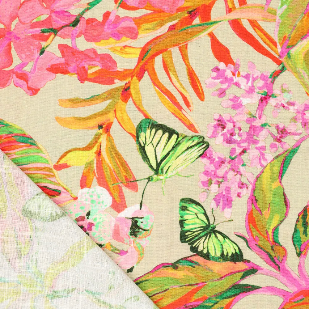 Leinen Viskose Stoff Butterfly oliv bunt mit Schmetterlingsmuster