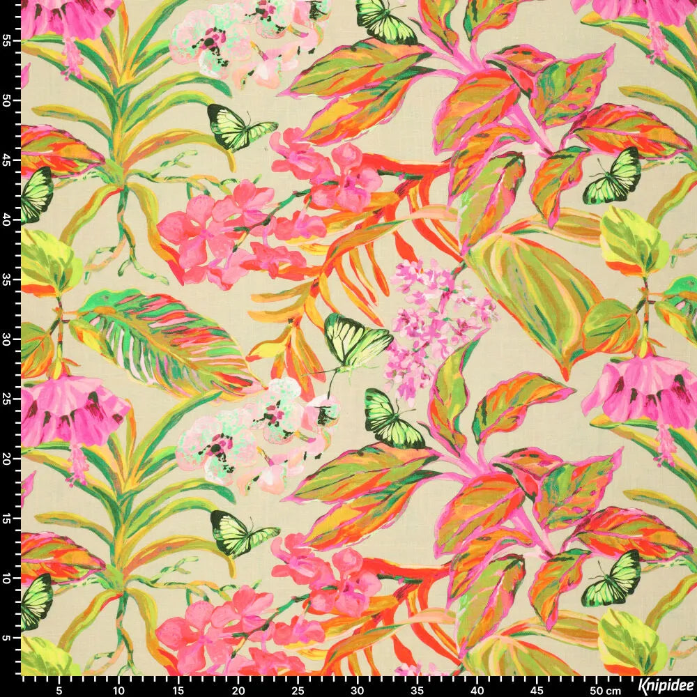 Leinen Viskose Stoff Butterfly oliv bunt mit Schmetterlingsmuster
