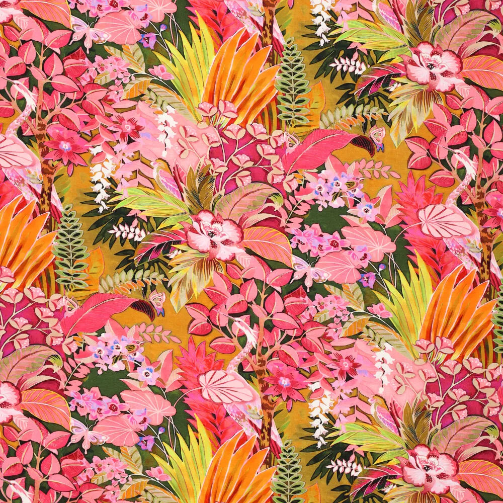 Viskosejersey Exotic Flowers oliv bunt elastischer Stoff für Bekleidung