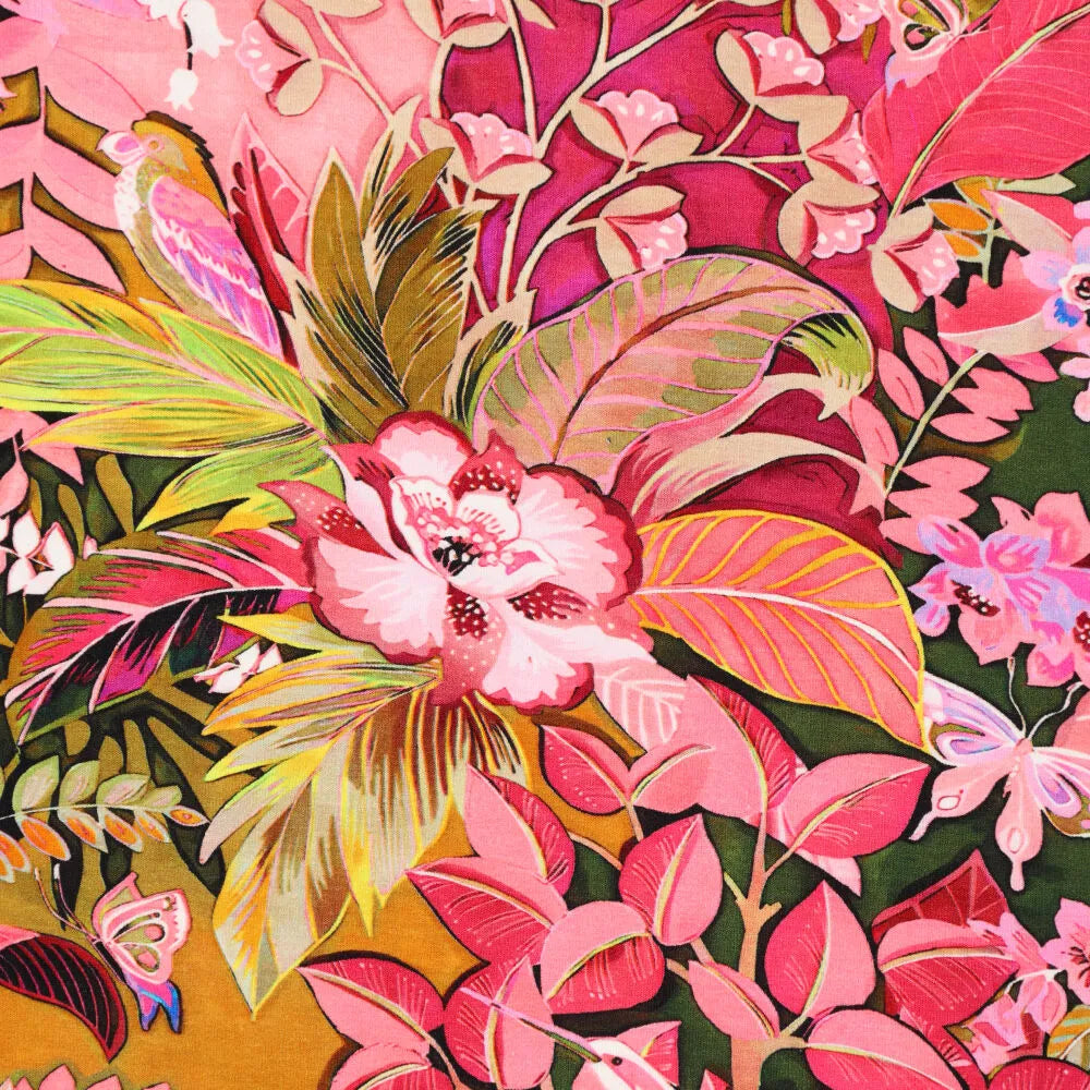 Viskosejersey Exotic Flowers oliv bunt elastischer Stoff für Bekleidung