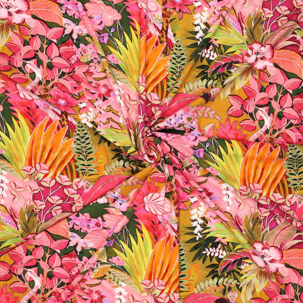 Viskosejersey Exotic Flowers oliv bunt elastischer Stoff für Bekleidung