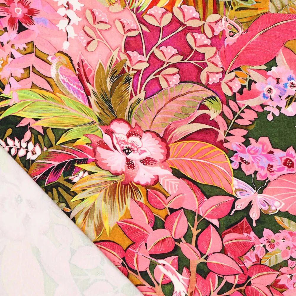 Viskosejersey Exotic Flowers oliv bunt elastischer Stoff für Bekleidung