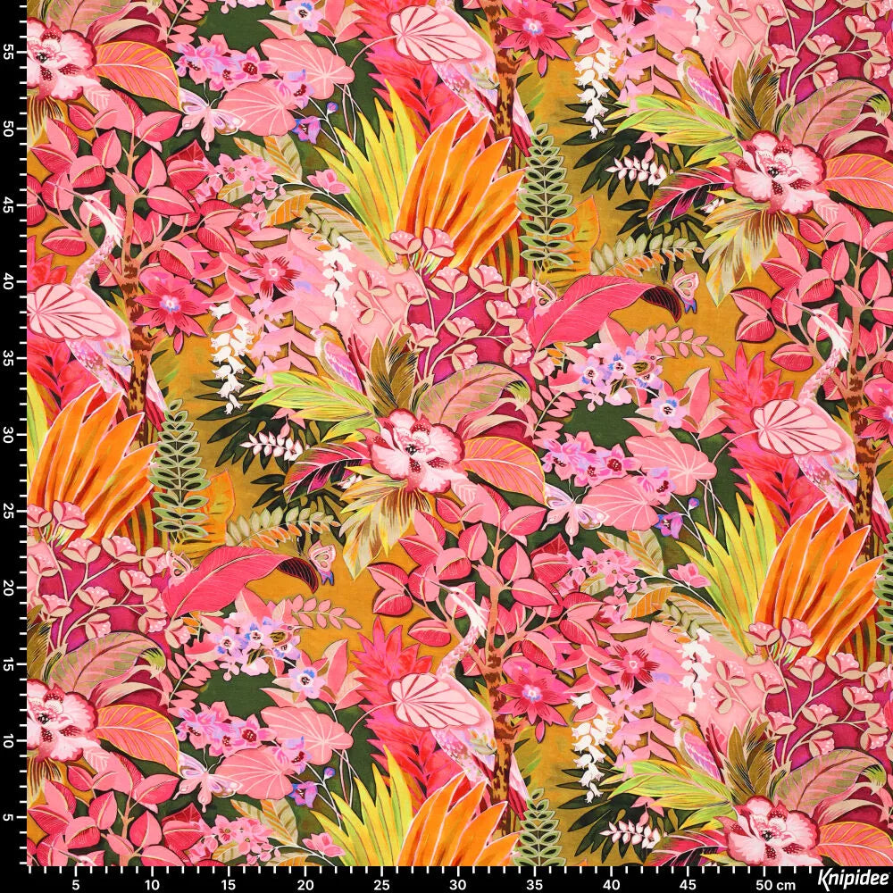 Viskosejersey Exotic Flowers oliv bunt elastischer Stoff für Bekleidung