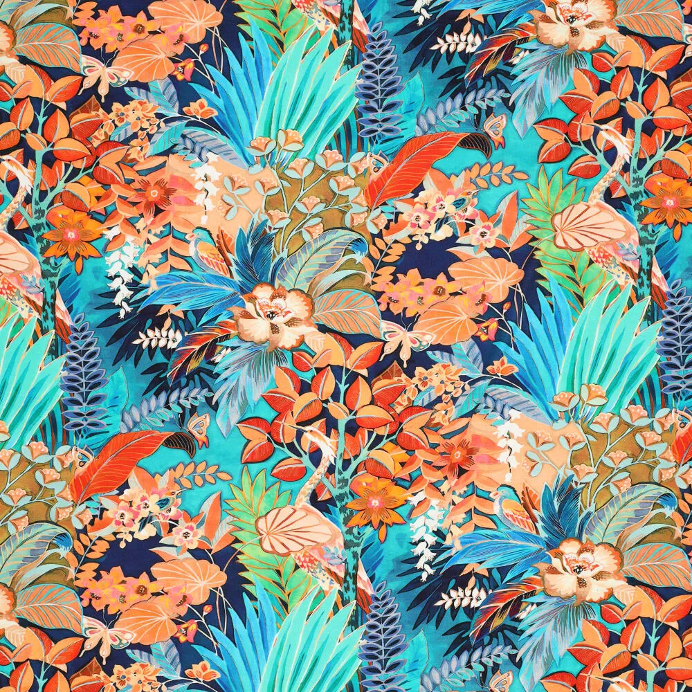 Viskosejersey Exotic Flowers blau bunt elastischer Stoff für Bekleidung