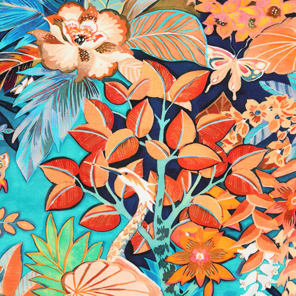 Viskosejersey Exotic Flowers blau bunt elastischer Stoff für Bekleidung