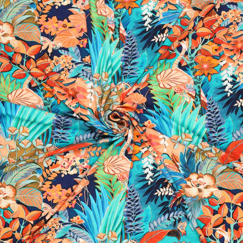 Viskosejersey Exotic Flowers blau bunt elastischer Stoff für Bekleidung