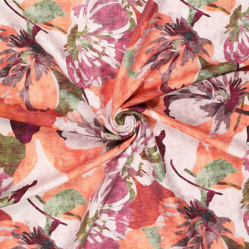 Rosa Shimmer Stoff mit floralem Blumendruck aus Viskose-Polyamid-Mischung in fließender Qualität