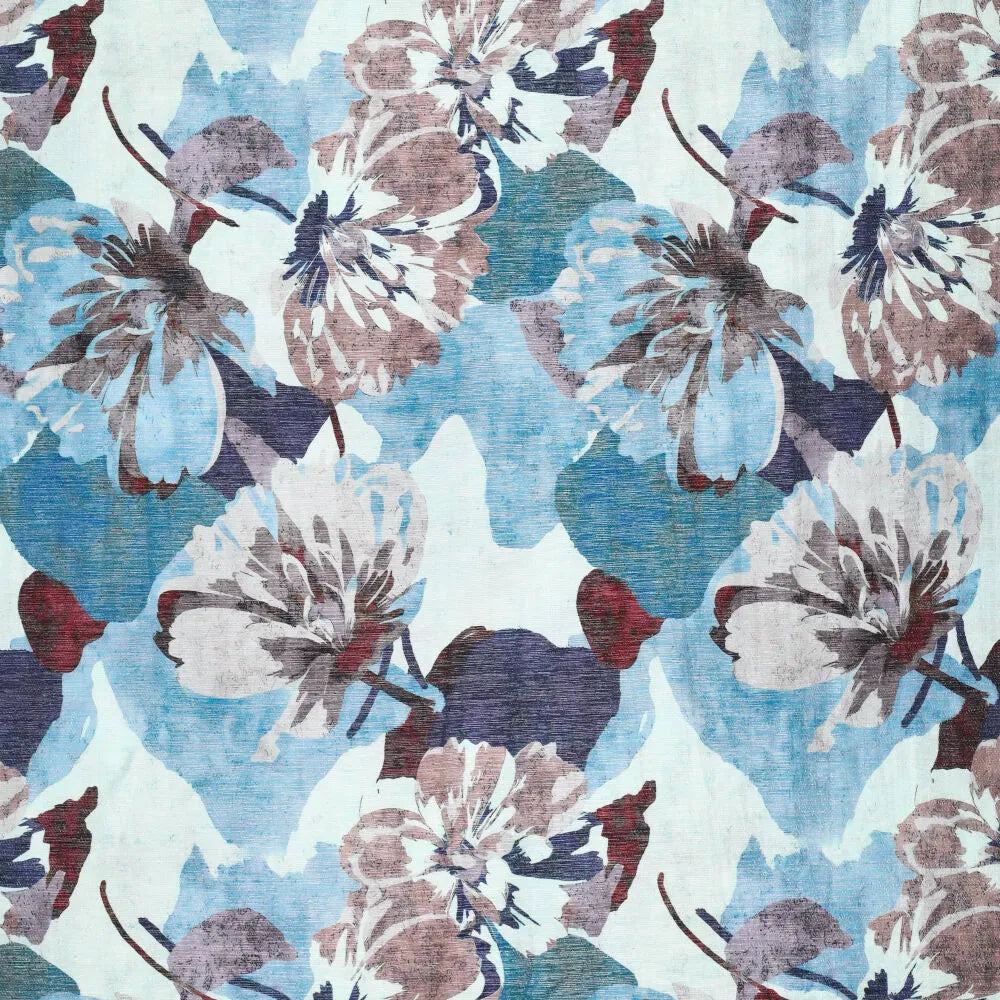 Blauer Shimmer Stoff mit floralem Blumendruck aus Viskose-Polyamid-Mischung in fließender Qualität
