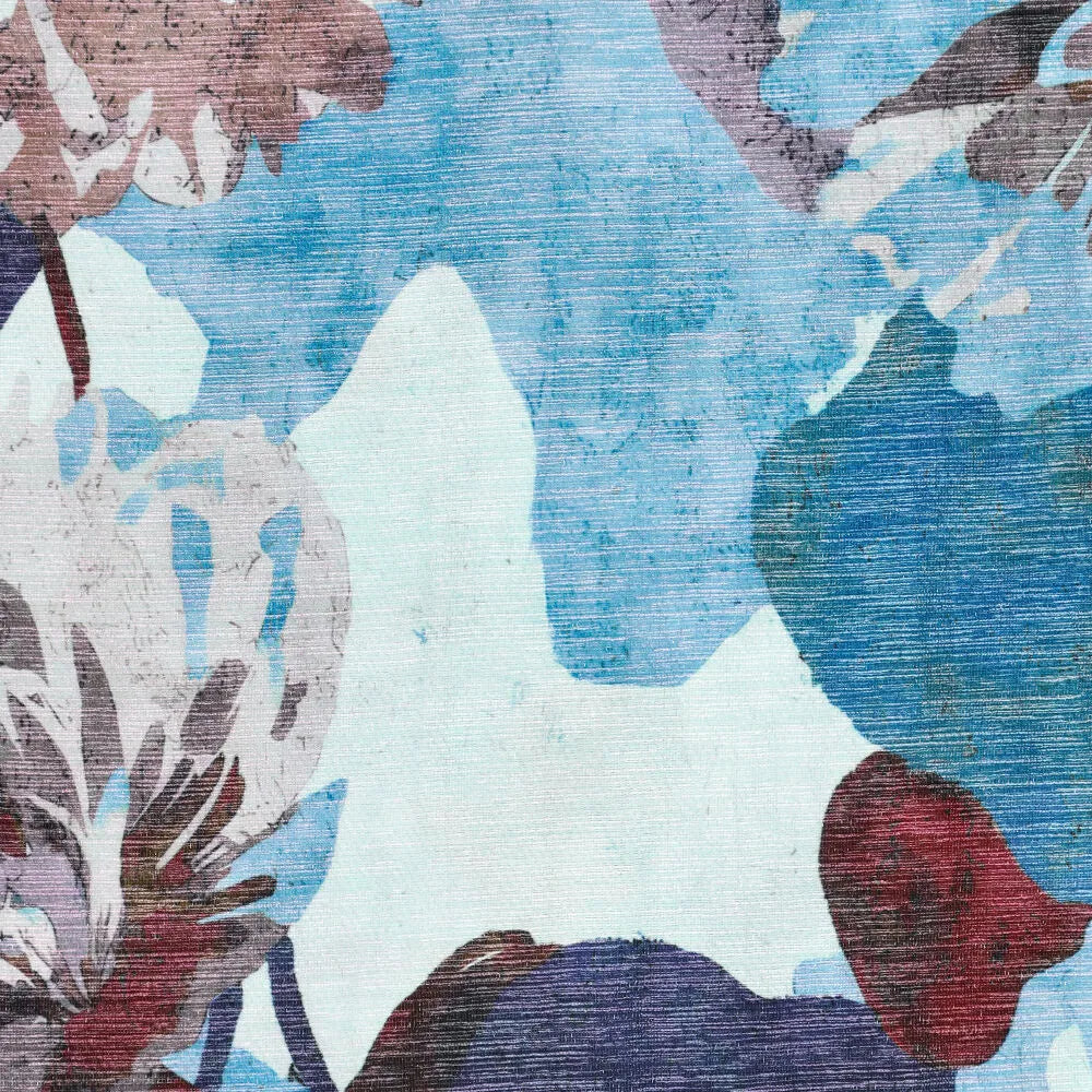 Blauer Shimmer Stoff mit floralem Blumendruck aus Viskose-Polyamid-Mischung in fließender Qualität