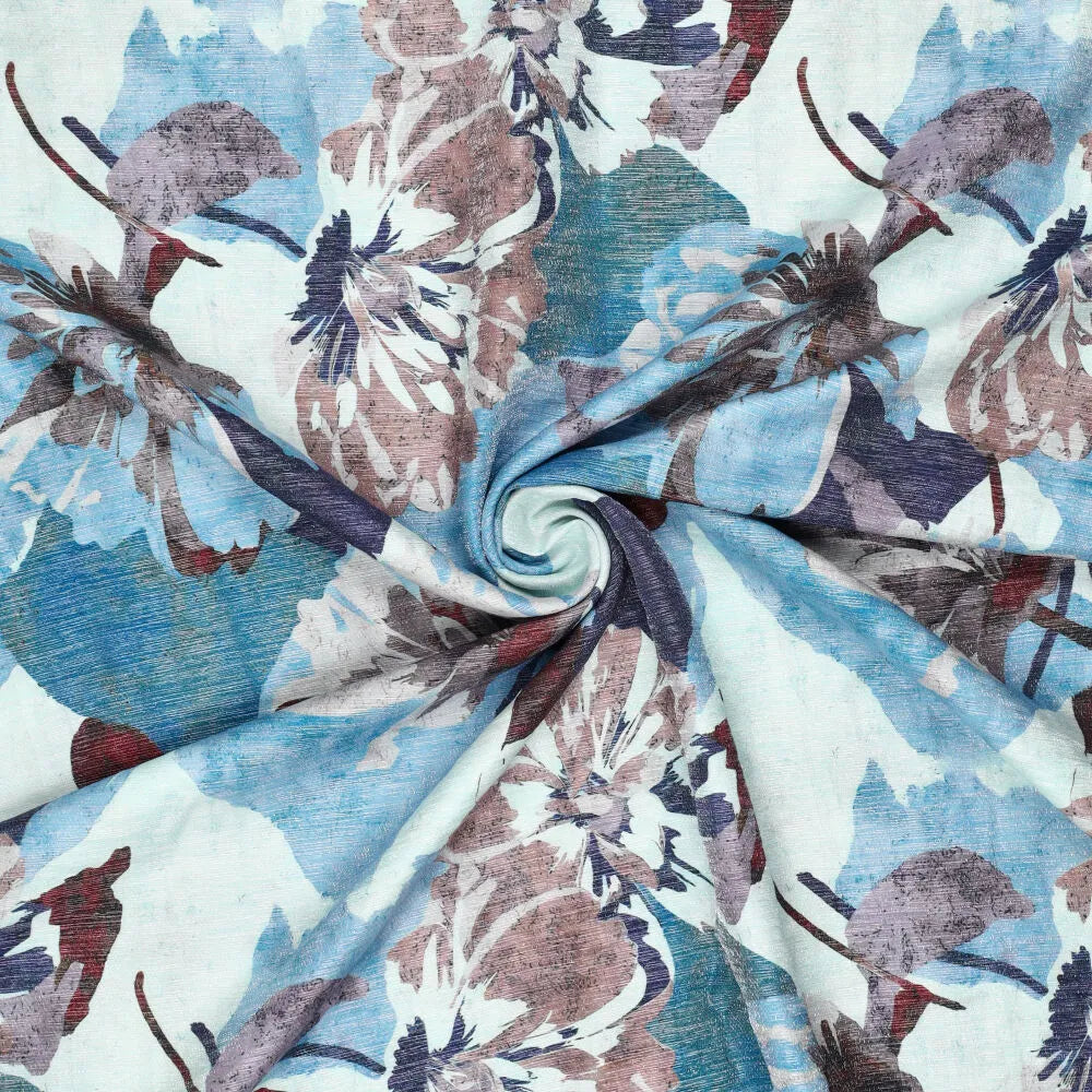 Blauer Shimmer Stoff mit floralem Blumendruck aus Viskose-Polyamid-Mischung in fließender Qualität