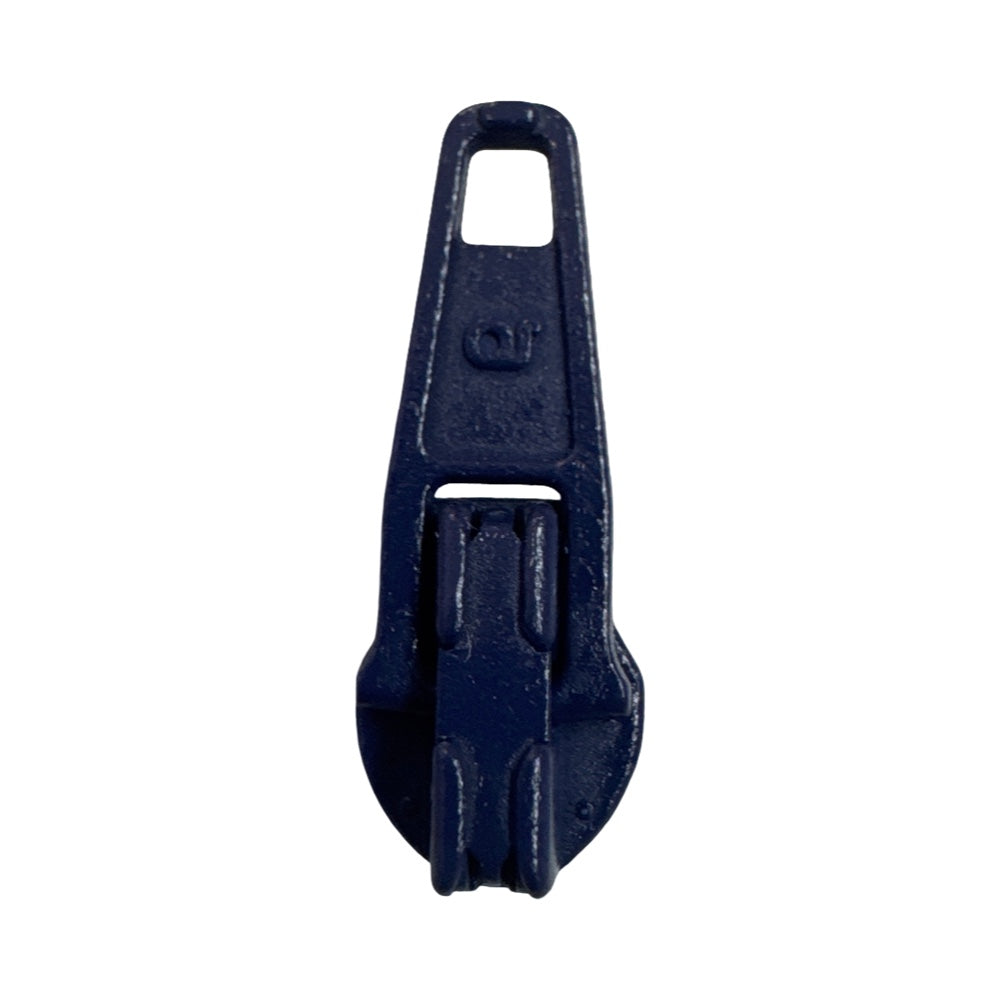 Automatikschieber für Spiralreißverschluss 4,2 mm PR0 in dunkelblau, von vorne und seitlich sichtbar