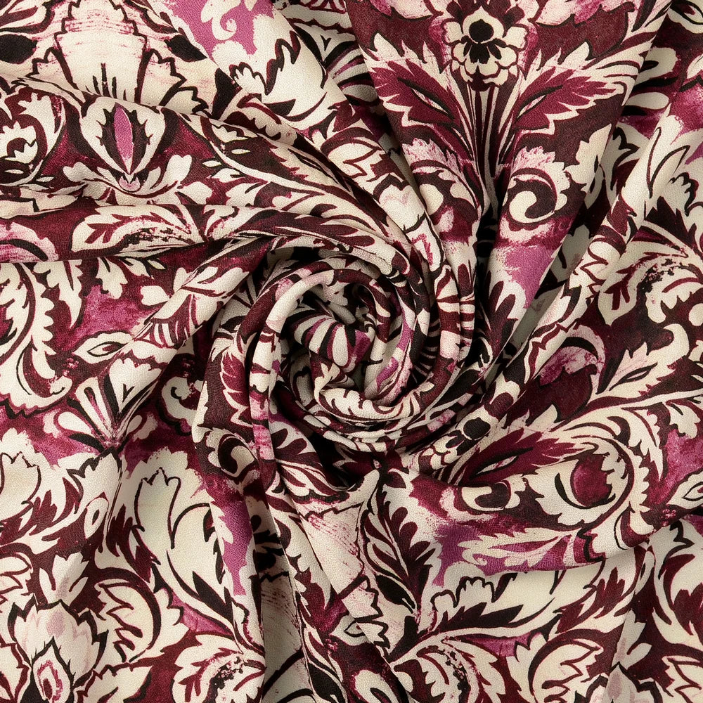 Viskose-Crepe mit floralem Ornamentmuster in Bordeaux, Rosa und Creme