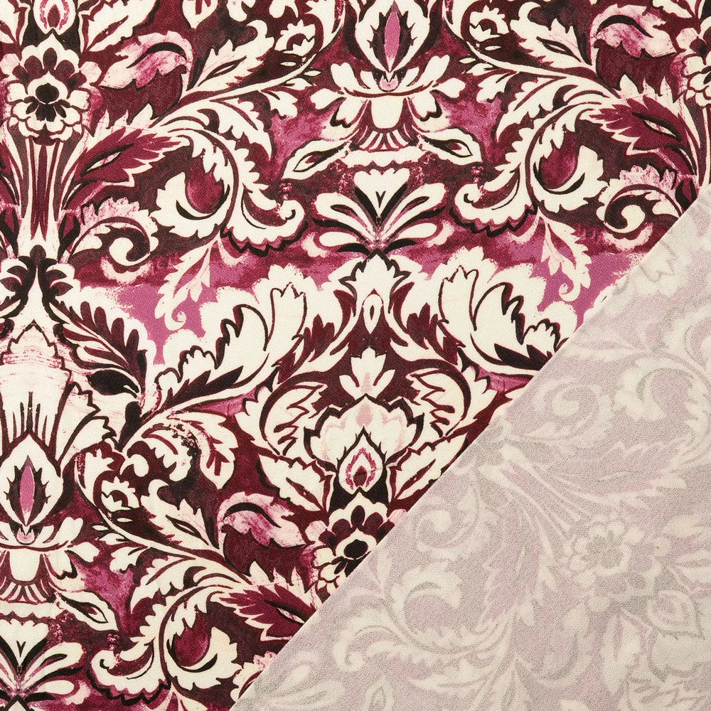 Viskose-Crepe mit floralem Ornamentmuster in Bordeaux, Rosa und Creme
