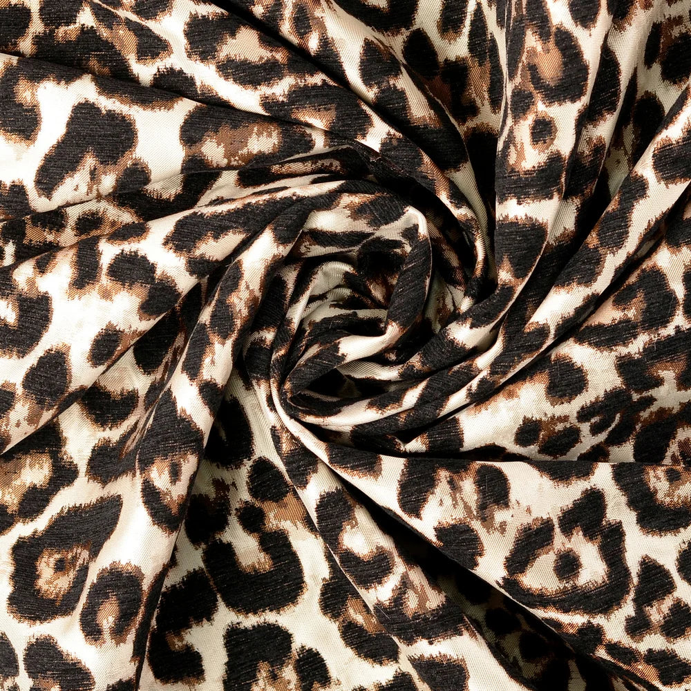 Jacquard-Stoff mit Leopardenmuster in Taupe, Braun, Creme und Schwarz
