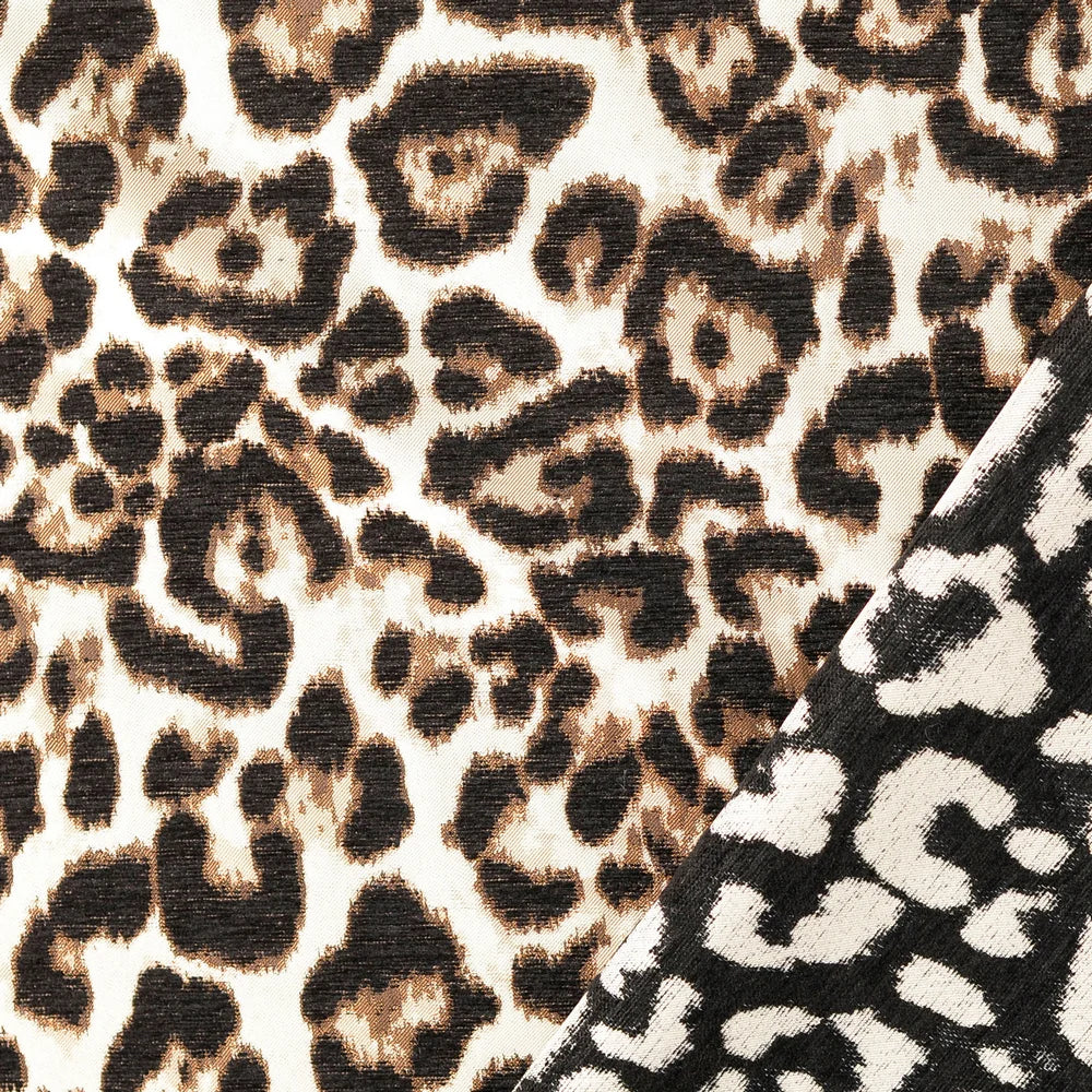 Jacquard-Stoff mit Leopardenmuster in Taupe, Braun, Creme und Schwarz