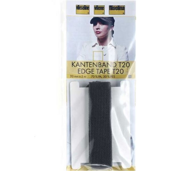 Freudenberg Kantenband T20 in schwarz – 20 mm aufbügelbares Band mit Kettstich zur Verstärkung von Vorder- und Saumkanten
