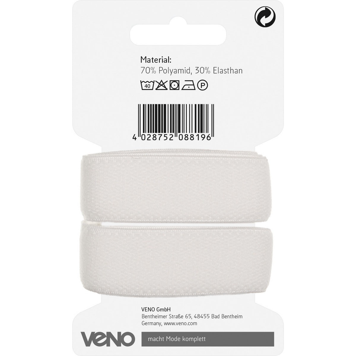Veno Velours-Gummiband 20 mm weiß – elastisch, samtweich, ideal für Unterwäsche & Accessoires, in SB-Packung