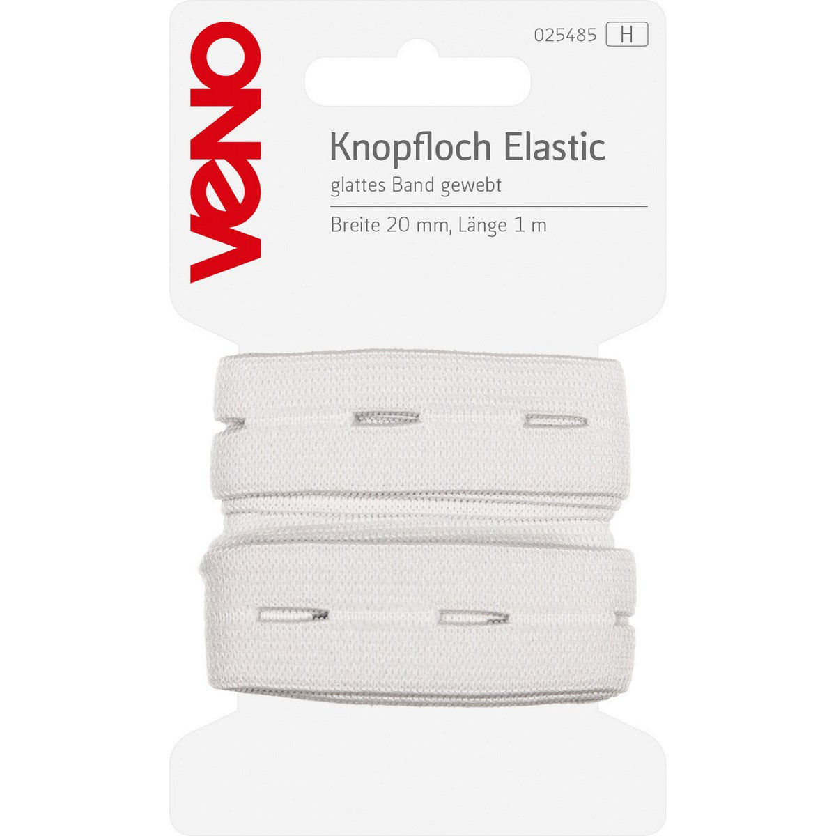 Knopflochgummi 20 mm weiß von Veno – elastisches Gummiband mit eingewebten Knopflöchern, als Meterware