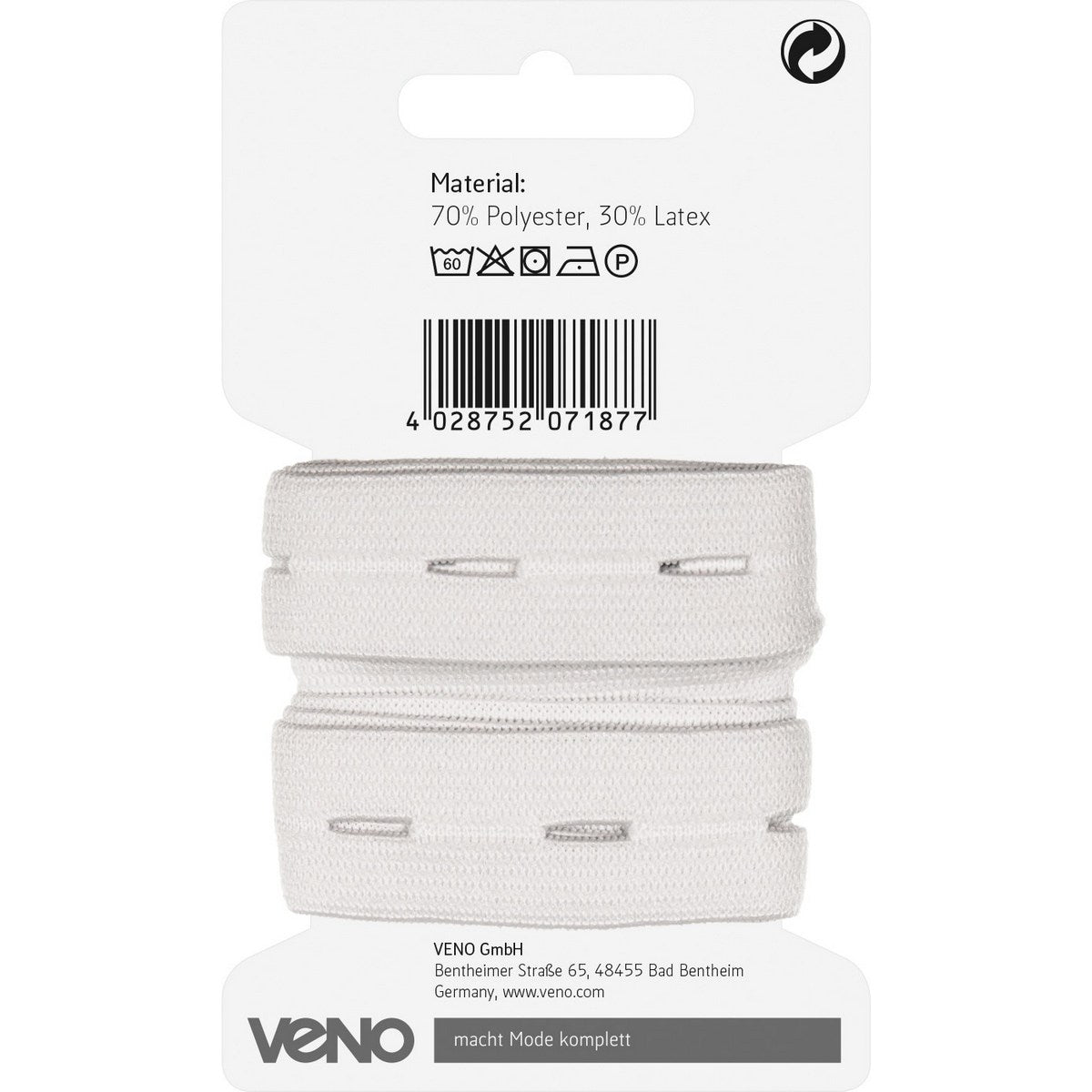 Knopflochgummi 20 mm weiß von Veno – elastisches Gummiband mit eingewebten Knopflöchern, als Meterware