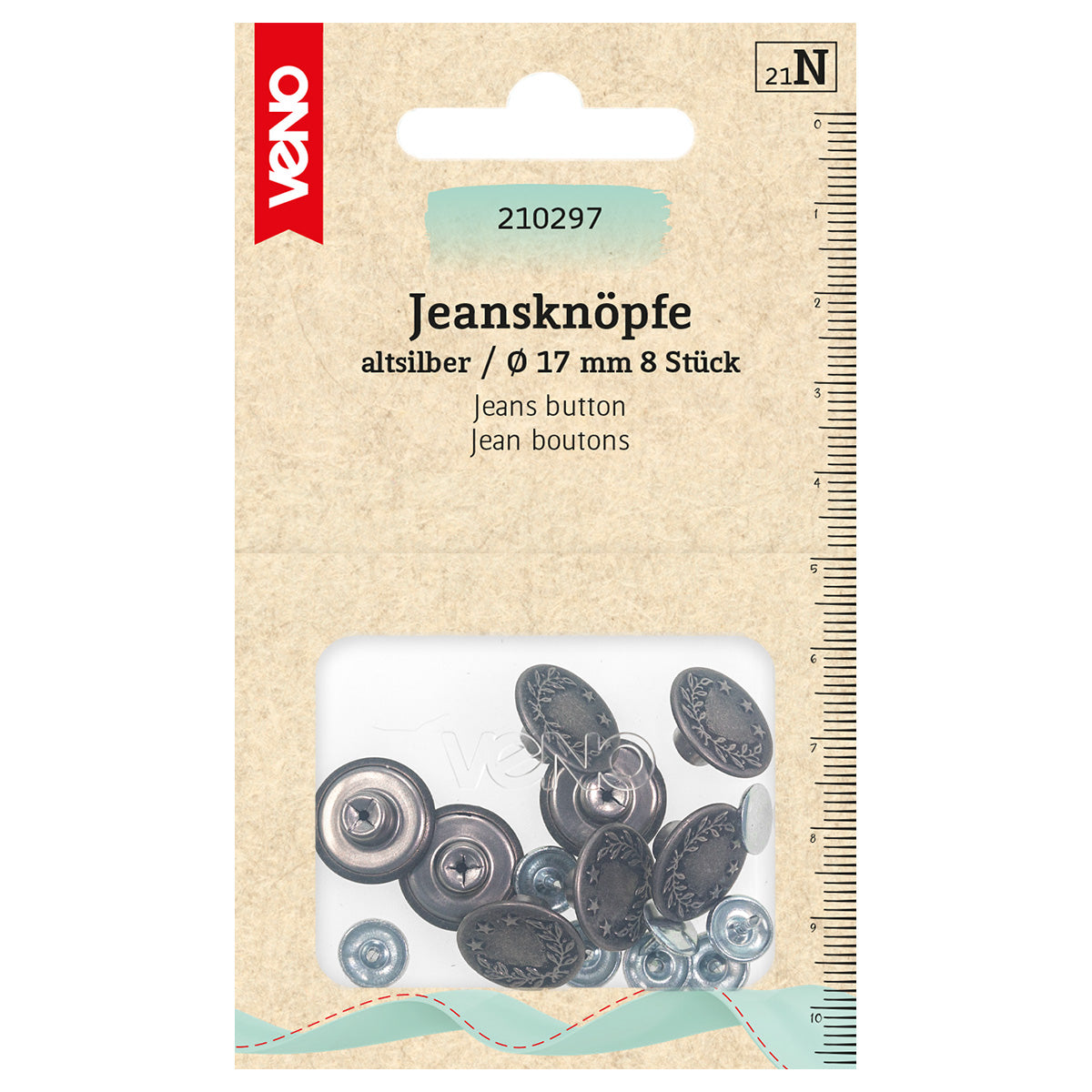 Jeansknöpfe 20 mm in Altsilber von VENO – Ansicht eines 6er-Packs auf weißem Hintergrund