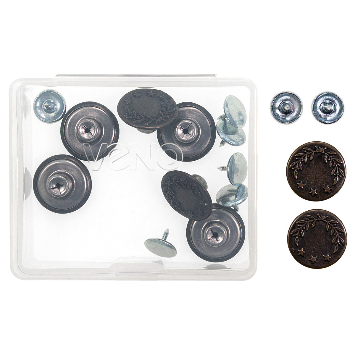 Nahaufnahme Jeansknopf 17 mm in Altgold von VENO – Detail der Metalloberfläche und Prägung