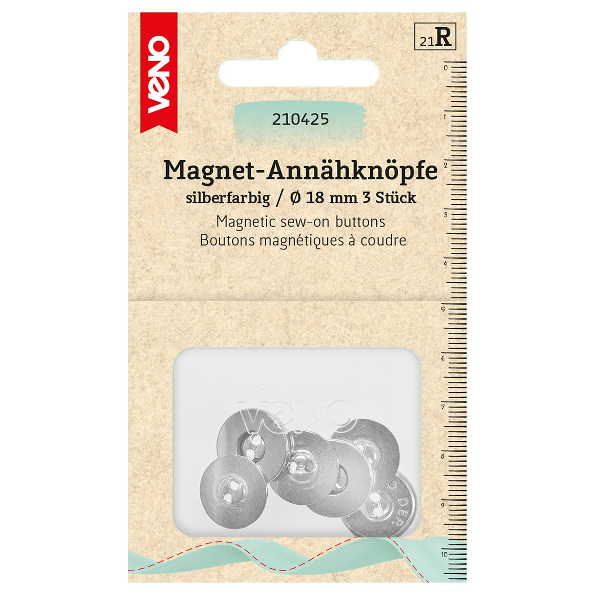 Veno Magnet-Annähknopf 18 mm silberfarbig – Einzelstück auf weißem Hintergrund