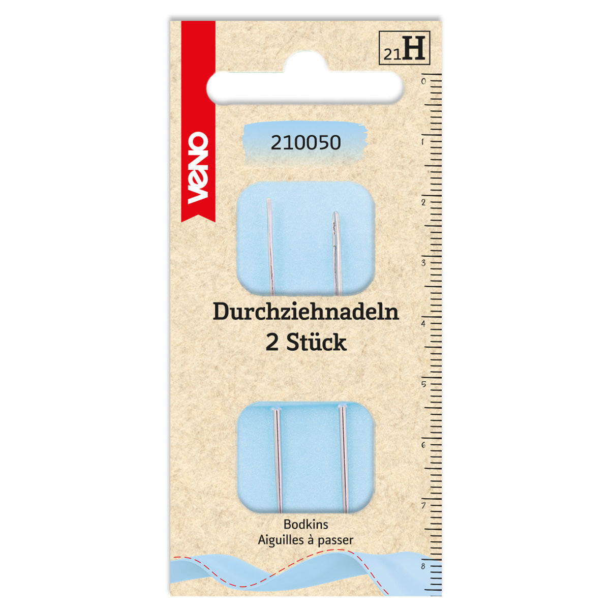 VENO Durchziehnadeln 210050 – 2 Nadeln mit abgerundeter Spitze und großem Öhr zum Einziehen von Gummibändern und Kordeln