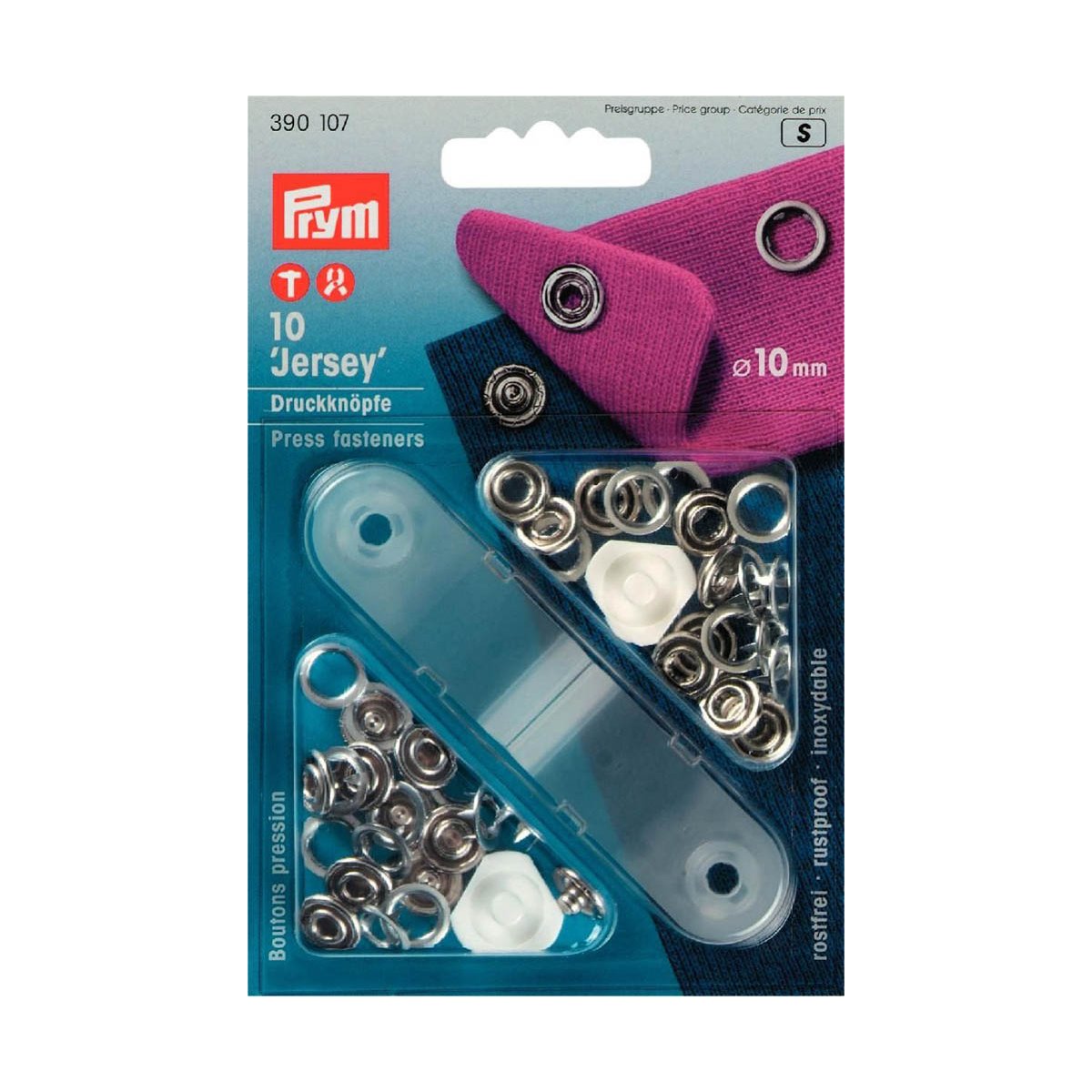 Prym Jersey Druckknöpfe 10 mm in Silber – 10 Stück mit Werkzeug auf weißem Hintergrund