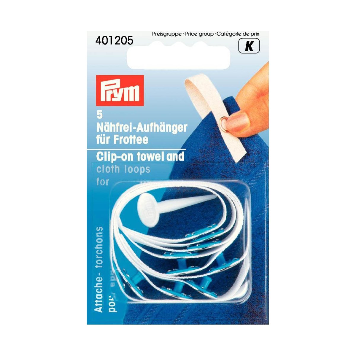 Prym Nähfrei-Aufhänger für Frottee in Weiß – 5 Stück auf weißem Hintergrund