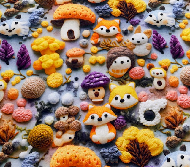 Alpenfleece Stoff mit 3D-Druck – Motiv Fuchs und Pilze, Vorderseite