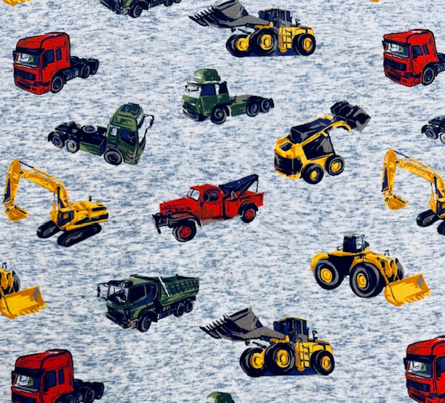 Alpenfleece Stoff mit 3D-Druck – Motiv LKW,Bagger & Kran, Vorderseite