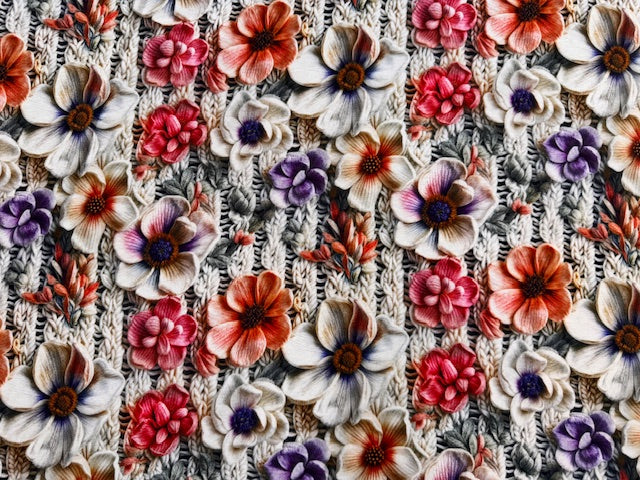 Alpenfleece Stoff mit 3D-Druck – Motiv Strick mit Blumen, Vorderseite
