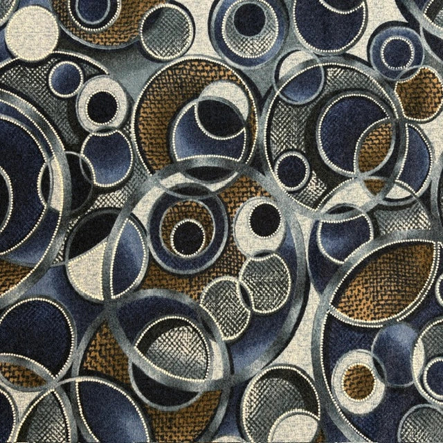 Elastischer Strickdruck mit abstrakten Kreisen in Blau, Braun, Grau und Weiß
