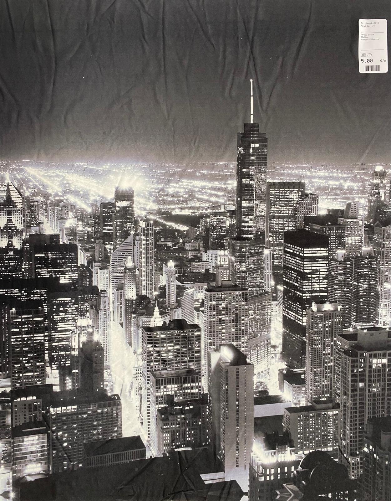 Schwarz-Weißes Jersey Panel mit detailliertem Skyline Motiv für Stoffliebhaber