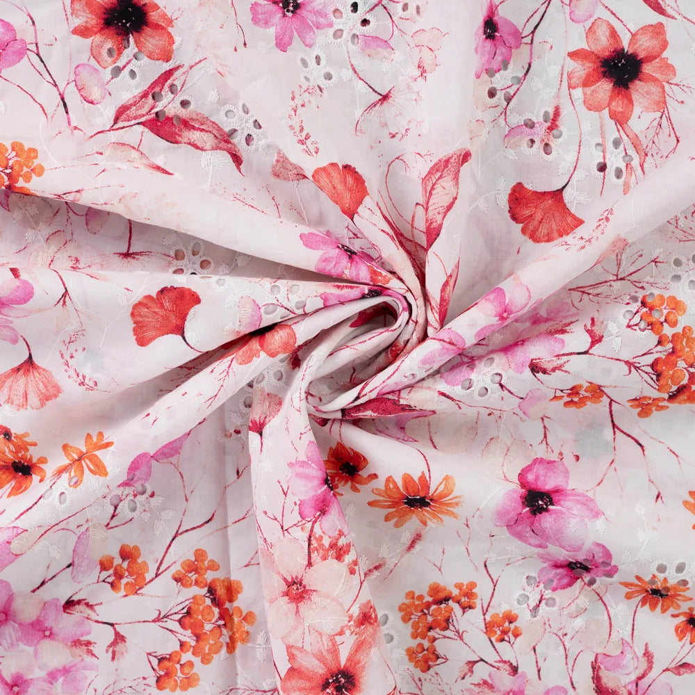 Weiß-roter Batiststoff aus Baumwolle mit feinem Druck und Stickerei in leichter, luftiger Qualität