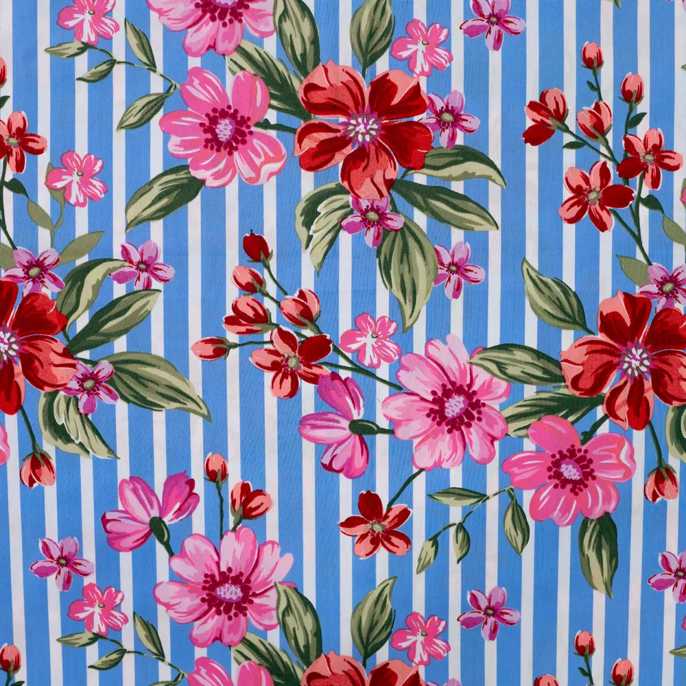 Popeline Stretch gestreift mit Blumendruck rot/pink – Baumwollstoff