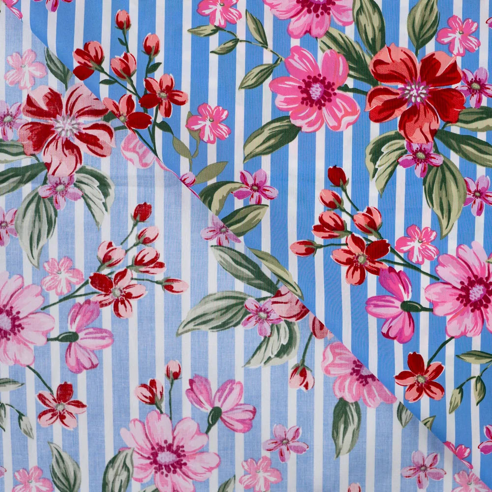Popeline Stretch gestreift mit Blumendruck rot/pink – Baumwollstoff