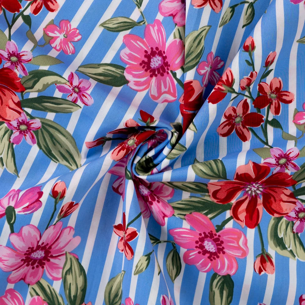 Popeline Stretch gestreift mit Blumendruck rot/pink – Baumwollstoff