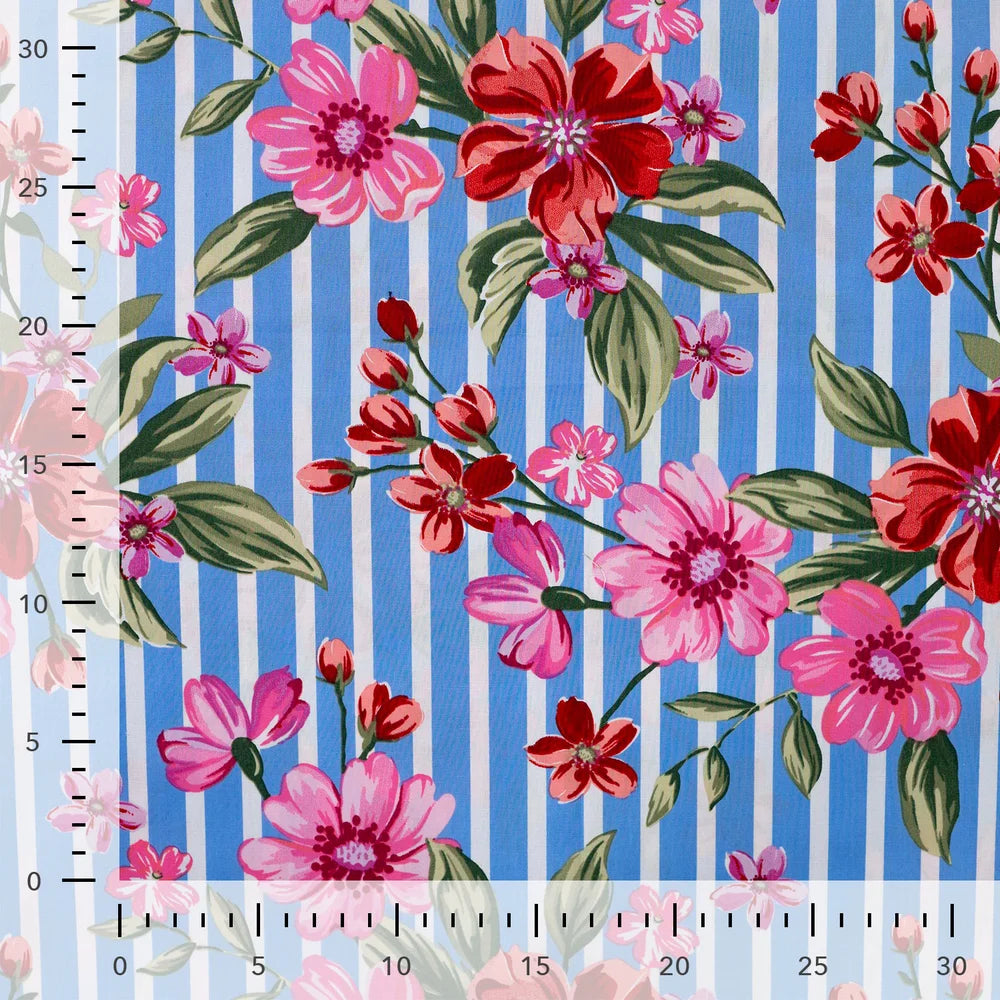 Popeline Stretch gestreift mit Blumendruck rot/pink – Baumwollstoff