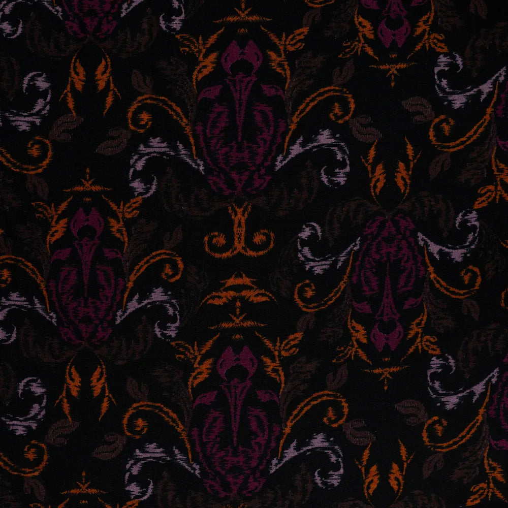 Punta di Roma Stoff mit Ornamenten in Schwarz, Fuchsia, Violett und Rost